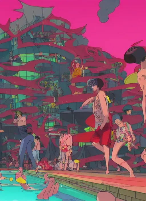 Image similar to pool party late at night with funky music people dancing in anime akira style, 8 k, hd