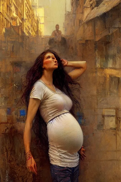 Image similar to pregnant woman in t-shirt by Gaston Bussiere. full-shot, urban dystopia, hyper realism, realistic proportions, dramatic lighting, high detail 4k