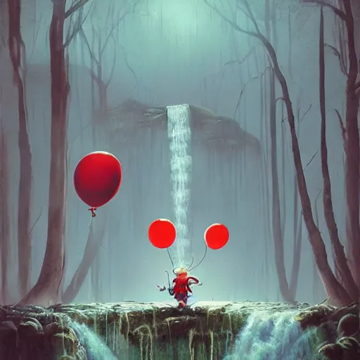 Image similar to grunge painting of a waterfall with a wide smile and a red balloon by simon stålenhag, loony toons style, pennywise style, corpse bride style, creepy lighting, horror theme, detailed, elegant, intricate, conceptual, volumetric light