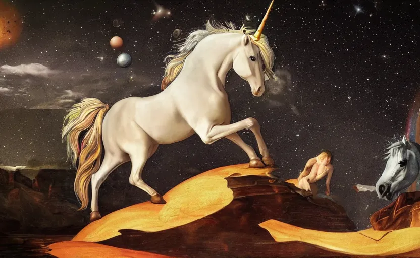 Image similar to a lonely unicorn walking on a rainbow in the universe in the style of Caravaggio, digital art, high quality, highly detailed, high coherence, anatomically correct, Caravaggio, concept art, marterpiece