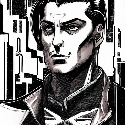 Prompt: a cyberpunk italian man with slicked back hair, in a cyberpunk setting, comic book art, cyberpunk, art by stan lee, pen drawing, inked, colorful, bright high tech lights, dark, moody, dramatic, deep shadows, marvel comics, dc comics