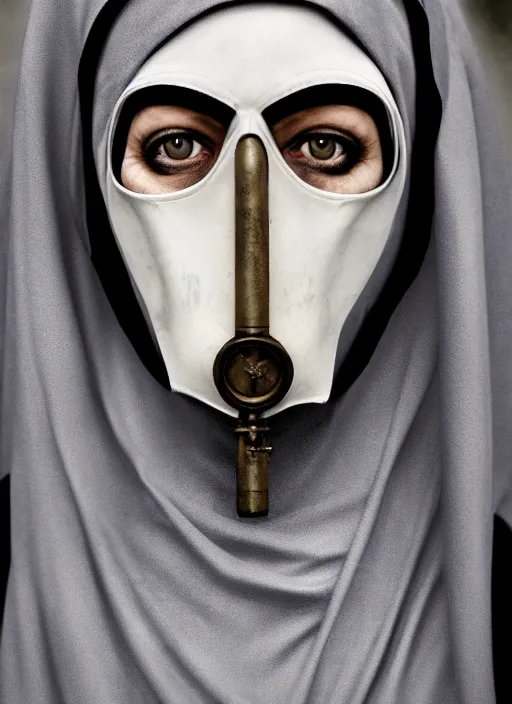 Prompt: closeup portrait of a gothic nun wearing a gas mask, depth of field, zeiss lens, detailed, symmetrical, centered, fashion photoshoot, by Annie Leibovitz and Steve McCurry, David Lazar, Jimmy Nelsson, Breathtaking, 8k resolution, extremely detailed, beautiful, establishing shot, artistic, hyperrealistic, beautiful face, octane render