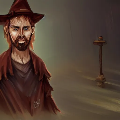 Image similar to Chawick the Fail Wizard, a young scrawny man in ragged and stained wizard's robes and hat. 8k resolution, full-length portrait, digital painting, fantasy art.