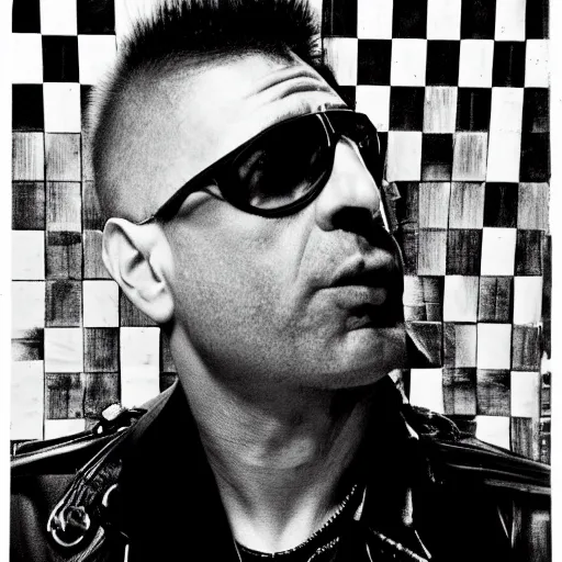 Prompt: punk rock, travis bickle has a mohawk, on a checkered floor, studio portrait