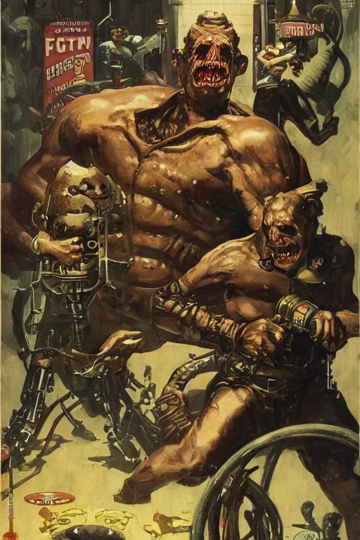 Image similar to 5 0 s pulp scifi fantasy illustration full body portrait monster wrecking laboratory, by norman rockwell, edd cartier, roberto ferri, jack kirby, howard v brown, ruan jia, jason fabok, tom lovell, frank r paul, dean cornwell, astounding stories, amazing, fantasy, other worlds