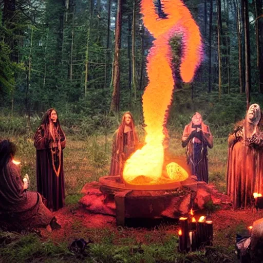 Prompt: holofrenia time traveller shaman, biomechanoid cumulonimbus goddess, witchcraft brujo geyser, with shamans circle praying in trance to the sky, lucasfilm, gregory crewdson