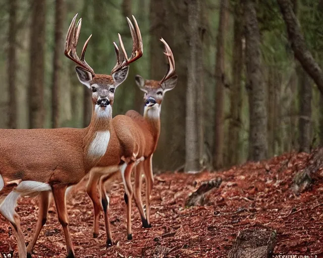 Image similar to a national geographic photo of deer that has red color skin in forest, f 2,0, telephoto, fine deatils