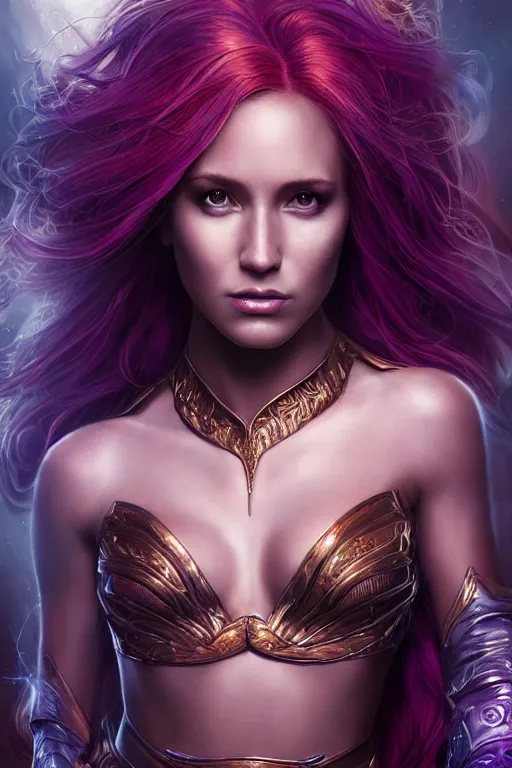 Prompt: Majestic and regal portrait of a female Starfire, DC universe, Perfect face, beautiful, intricate, epic, elegant, menacing, fantasy, highly detailed, digital painting, hard focus, beautiful volumetric lighting, epic light, ultra detailed, by Leesha Hannigan, Ross Tran, Thierry Doizon, Kai Carpenter, Ignacio Fernández Ríos