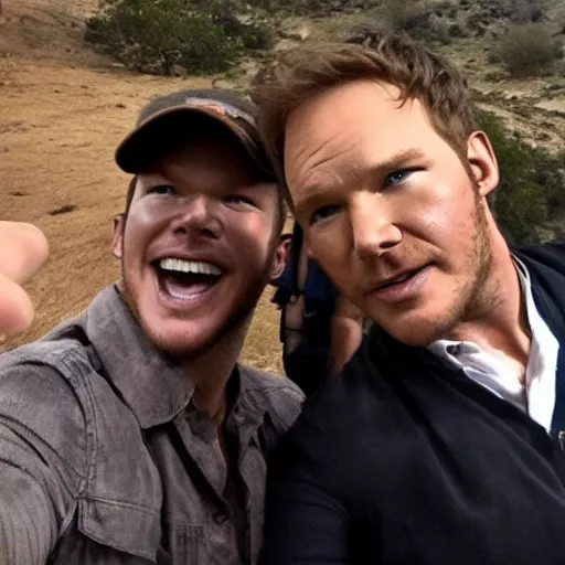 Image similar to chris pratt as indiana jones taking a selfie with harrison ford, instagram, cinematic, natural lighting, genuine smile