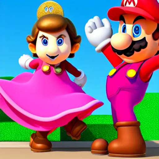 Prompt: mario from super mario wearing a pink dress, pixar animation