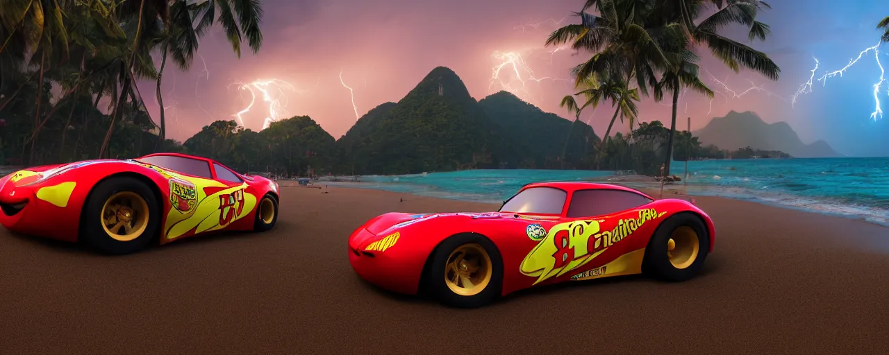 Prompt: A photo of Lightning McQueen, live action movie, parked on a beach in Rio de Janeiro, tropical palms, twilight, anamorphic, cinematrography