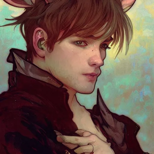 Image similar to Portrait of a pretty fantasy catboy with cat ears. Art by Greg Rutkowski and Alphonse Mucha