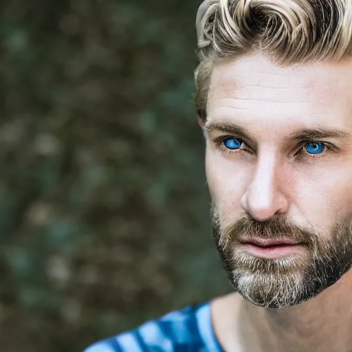 Image similar to close up of face of 4 0 year old anglo slavic - hebrew blond man with blond stubble, very short wavy blond hair in a short pompadour style, very dark blue eyes, portrait, 4 k