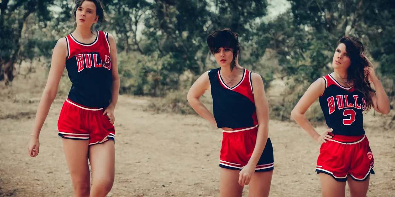 Image similar to attractive woman in bulls jersey and short shorts, high contrast, high saturation cinematic film still