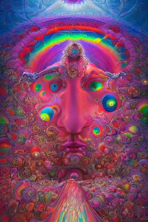 Image similar to hyperrealistic abstract close-up Renaissance psychedelic!! celestial happy! pure creature!! peaceful! kind spirit of nature! beautiful fractal!! eyes! highly detailed concept art eric zener elson peter cinematic hard rainbow lighting high angle hd 8k sharp shallow depth of field endless, inspired by Zdzisław Beksiński Salvador Dali