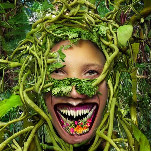 Image similar to jungle photograph of a creature with many vine limbs and a blooming flower head with teeth