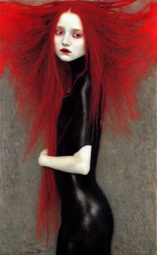 Image similar to portrait of girls with long red hair in black dress, under red water, very beautiful style, girl wrapped in black leather, photorealism, edgard maxence,