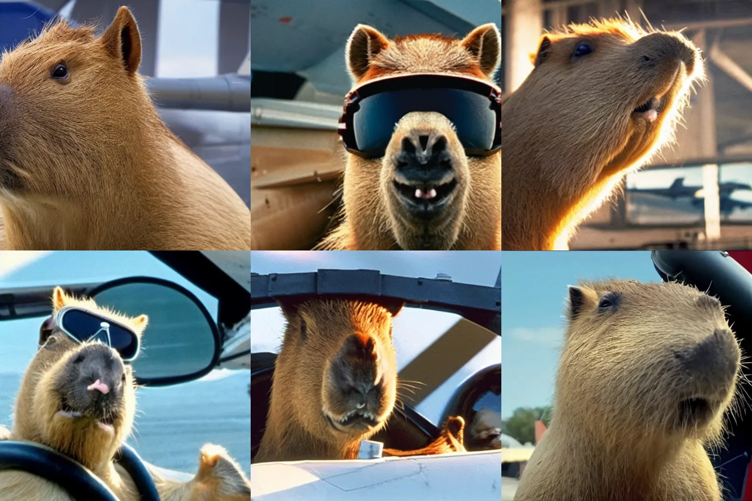 Prompt: a capybara as a pilot in the movie Top Gun: Maverick (2022)