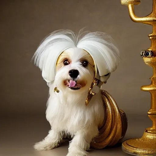 Image similar to a cream - colored havanese dog wearing a slinky metallic dress with ornate midcentury geometric gold headpiece, resting against a small marble pedestal with flowers loosely arranged, sultry look, gold curtain background, magazine photo by david lachapelle