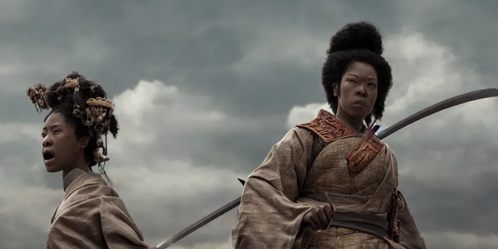 Image similar to a film still of a black woman starring in a japanese blockbuster film as ancient samurai, levitating mid air, intense, shallow depth of field, cinematic, award winning cgi, vfx, film still