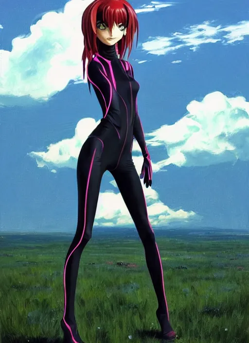 Image similar to full body portrait of a combination of Ashley Greene, Victoria Justice and Adriana Dxim, Grace Kelly and Lily Collins wearing a Plugsuit from Neon Genesis Evangelion, countryside, calm, fantasy character portrait, dynamic pose, above view, sunny day, thunder clouds in the sky, artwork by Jeremy Lipkin and Giuseppe Dangelico Pino and Michael Garmash and Rob Rey and Greg Manchess and Huang Guangjian, very coherent asymmetrical artwork, sharp edges, perfect face, simple form, 100mm