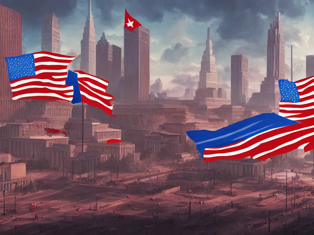 Prompt: landscape matte painting of a communist american state capital showing the triumph of communism in america, socialist american state flags, socialist statues, digital painting, modern city scape, conflict, camaraderie, sacrifice, hope, highly detailed, 4 k, artstation, photorealistic, architecture