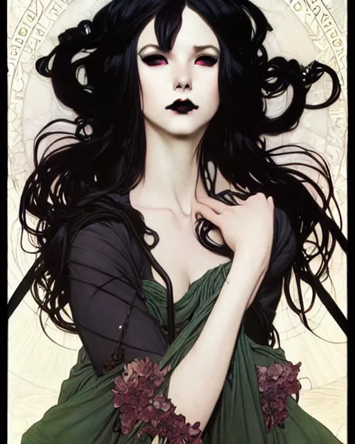 Prompt: portrait of beautiful goth girl cosplay with black hair, art by stanley lau and artgem and wlop and magali villeneuve and alphonse mucha and terry moore and greg rutkowski