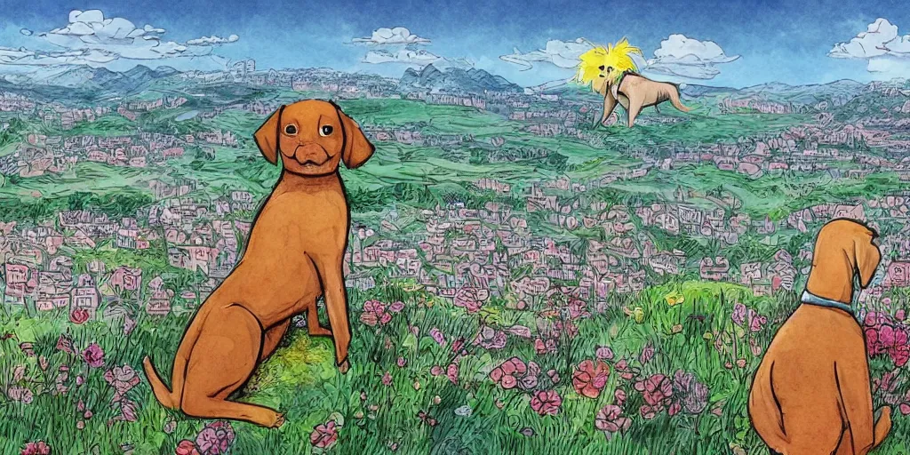 Prompt: breathtaking detailed childrens book illustration of a dog on the top of a hill, with a beutiful view of a tiny city below the hill, in the style of quentin blake 8 k