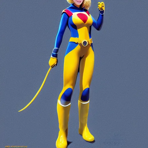 Prompt: character sheet of power girl wearing blue full bodysuit, yellow Jacket, blue backpack and yellow boots by Stanley Artgerm Lau, WLOP, Rossdraws, James Jean, Andrei Riabovitchev, Marc Simonetti, Yoshitaka Amano, ArtStation, CGSociety