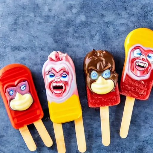 Prompt: close up menu of ice cream popsicles shaped like screaming chucky dolls on side of ice cream truck