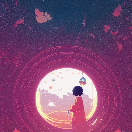 Image similar to A rabbit full of hope, looking for a black hole in an infinite time loop by Victo Ngai and Ghibli andlisk feng and atey ghailan