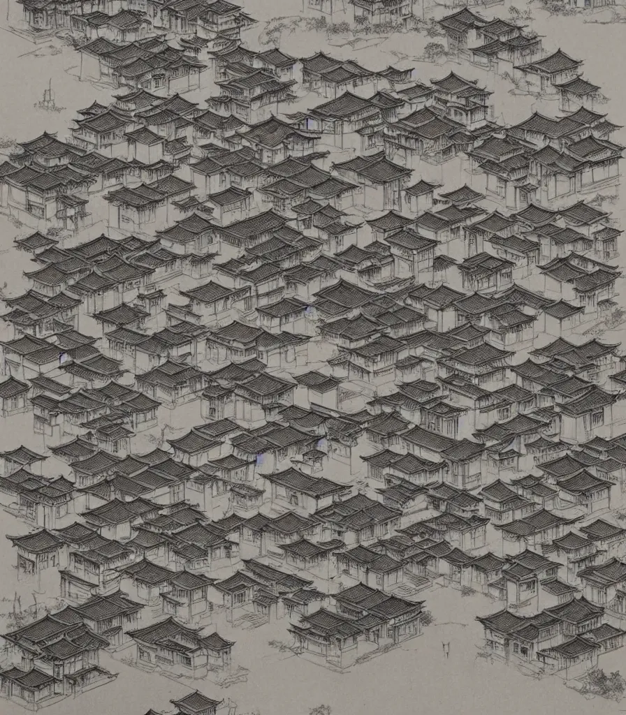 Prompt: street, architectural design and landscape of an ancient chinese town ， by zhu yufan ， trending ，
