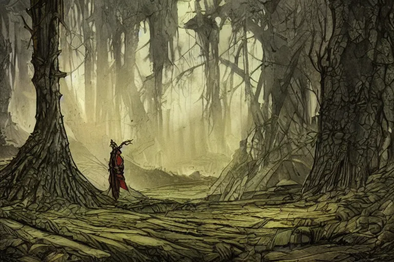 Prompt: paladin in gladiatoral arena , forest clearing, in the style of Greg Broadmore and Arthur Rackham,trending on artstation, light lighting side view,digital art,surrealism ,macro,blueprint ,vaporwave ,