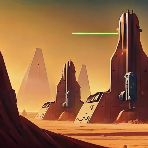 Prompt: Tall Spire Military base with Laser Turrets shooting up into the air at a Ship, Desert Planet, War, Star Wars, Warhammer 40k, Simon Stålenhag