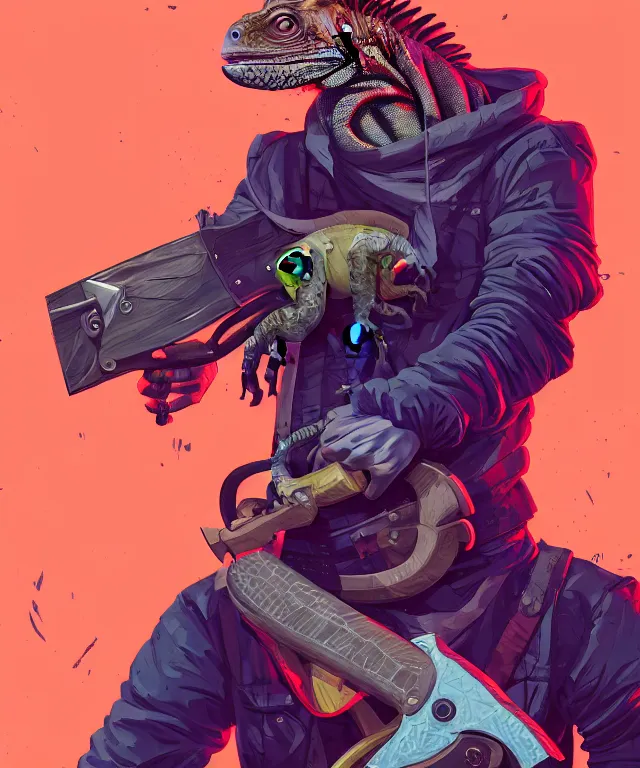 Image similar to a portrait of an anthropomorphic iguana holding a chainsaw, cyberpunk!, fantasy, elegant, digital painting, artstation, concept art, matte, sharp focus, illustration, art by josan gonzalez