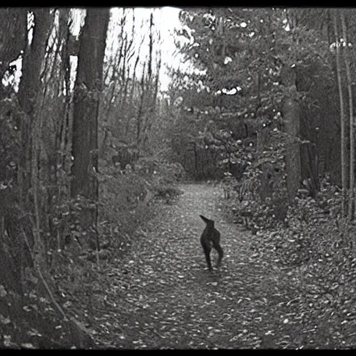 Image similar to dark creature lurking in the woods, nighttime security camera footage