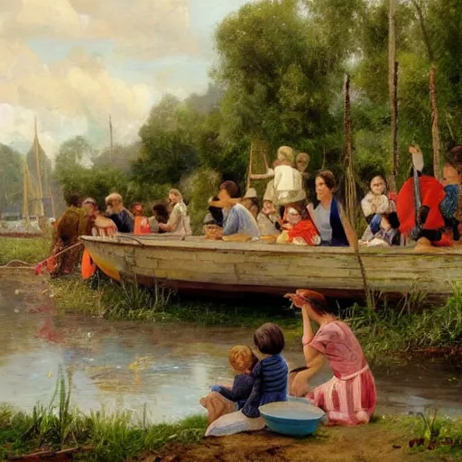 Image similar to The street art depicts a group of well-dressed women and children enjoying a leisurely boat ride on a calm day. The women are chatting and laughing while the children play with a toy boat in the foreground. figurativism by Daniel Ridgway Knights, by John Hejduk mournful