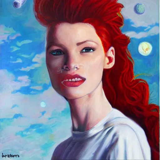 Image similar to redhead fashion model astronaut portrait, realism oil painting