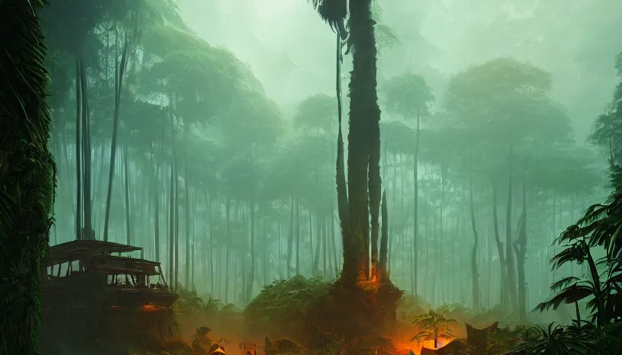 Image similar to tropical jungle, wall wood fortress, an epic fantasy, dramatic lighting, cinematic, establishing shot, extremely high detail, photorealistic, cinematic lighting, artstation, matte painting, by simon stalenhag, shadow of the tomb rider