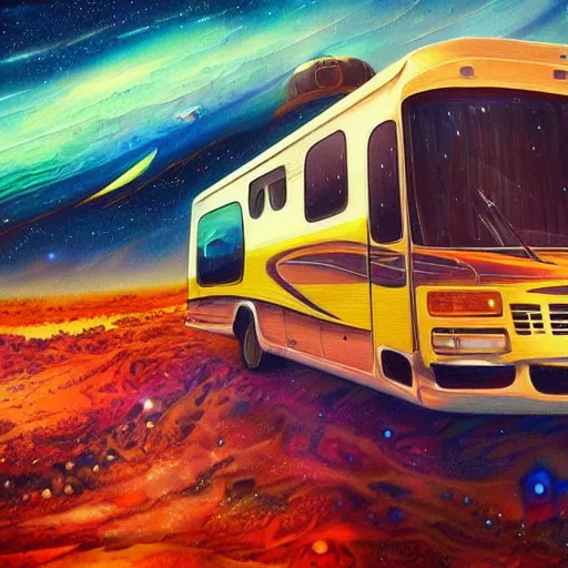 Prompt: a painting of an RV in a cosmic scenic environment by Android Jones, trending on Artstation, nebula, stars, planets, hyperdetailed