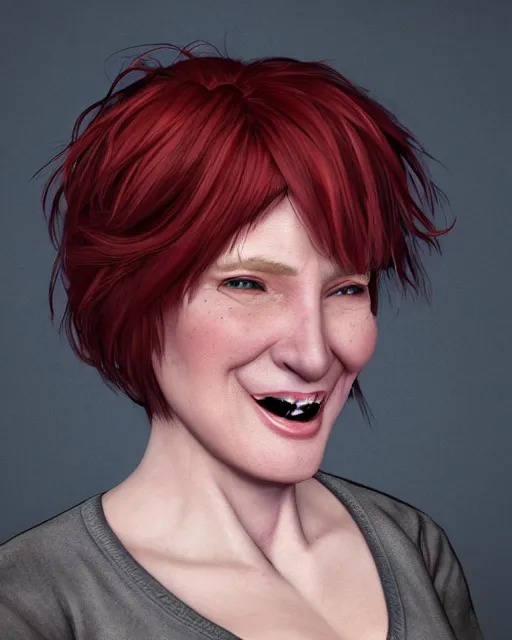 Image similar to portrait of happy short and plump 5 0 - year - old woman with red hair and, kind face, short hair, wearing in blouse, hyper realistic face, beautiful eyes, character art, art by mark brooks, hyperdetailed, cryengine, trending on artstation, digital art