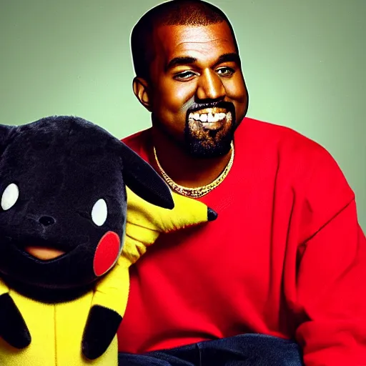 Image similar to Kanye West smiling and holding pikachu for a 1990s sitcom tv show, Studio Photograph, portrait C 12.0