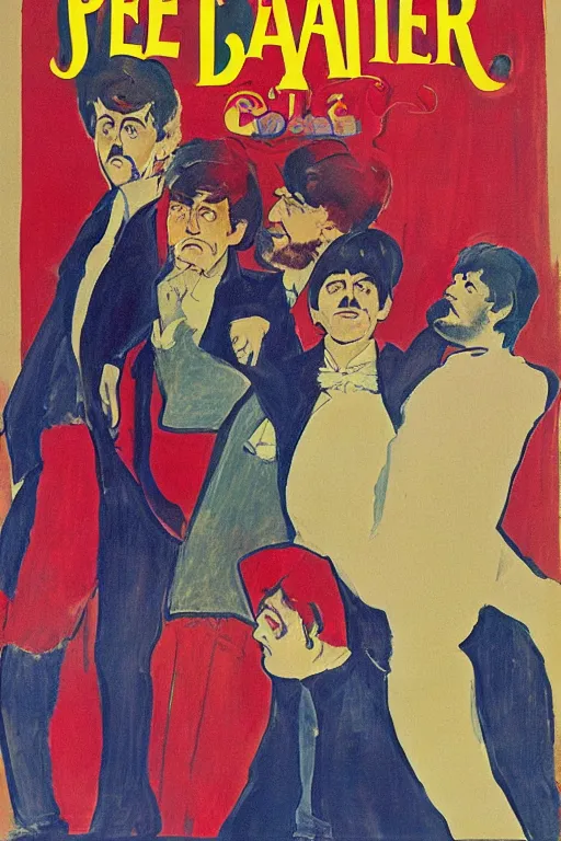 Prompt: poster announcing a Beatles concert in a french cabaret, john lennon, paul mccartney, ringo starr, by Toulouse-Lautrec, 4k,