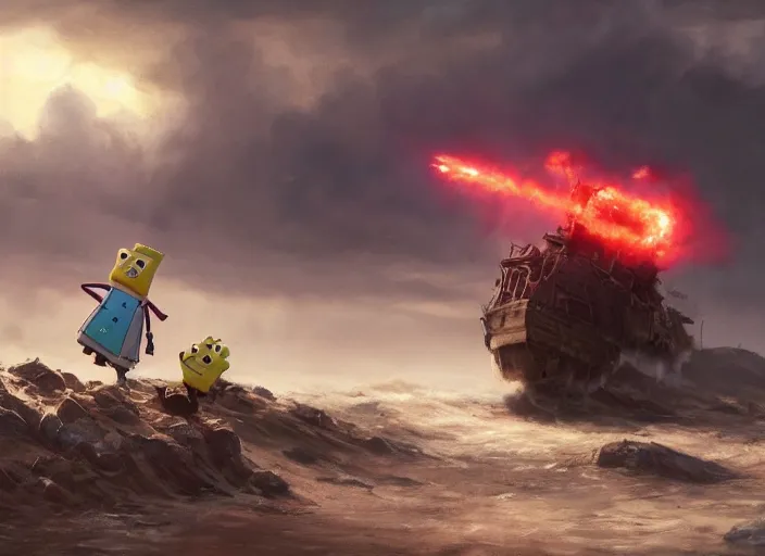 Prompt: close up cinematic artwork of spongebob SquarePants staring down the enemy on the battlefield by Greg Rutkowski, 4k, masterpiece