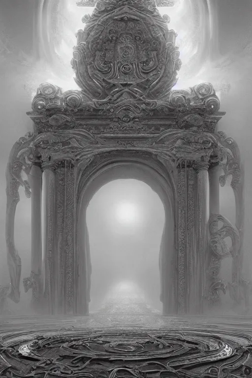 Image similar to a beautiful 3 d gigantic golden hell's gate osborne robert mandel artstation unreal 8 k ， greco - roman art, intricate complexity, gilded swirls on monochrome, occult propaganda, in the thick fog