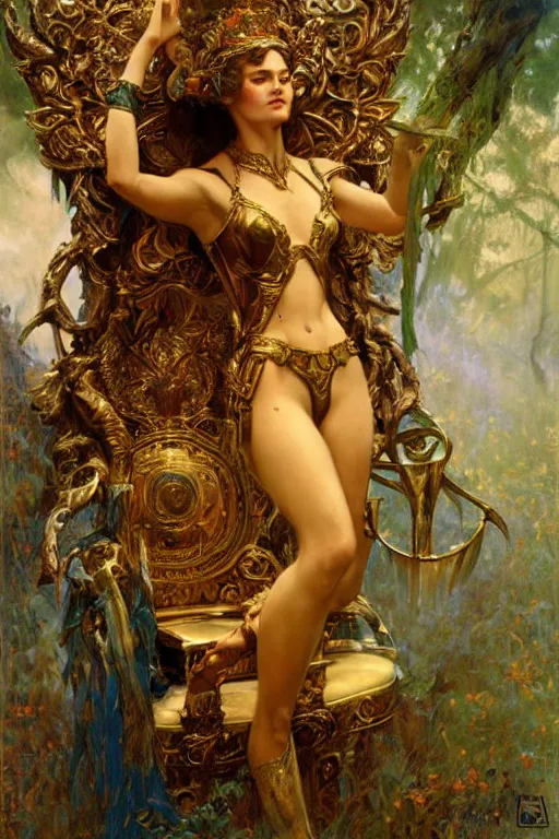 Prompt: full body portrait of forest queen astride her throne, highly detailed painting by gaston bussiere, craig mullins, j. c. leyendecker, 8 k, mid shot