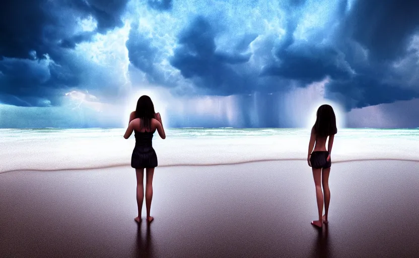 Image similar to a hyperdetailed photorealistic beautiful woman standing on a beach in a severe thunderstorm, rain, global illumination, volumetric lighting, cinematic framing, cinematic lighting, cinematic shadows