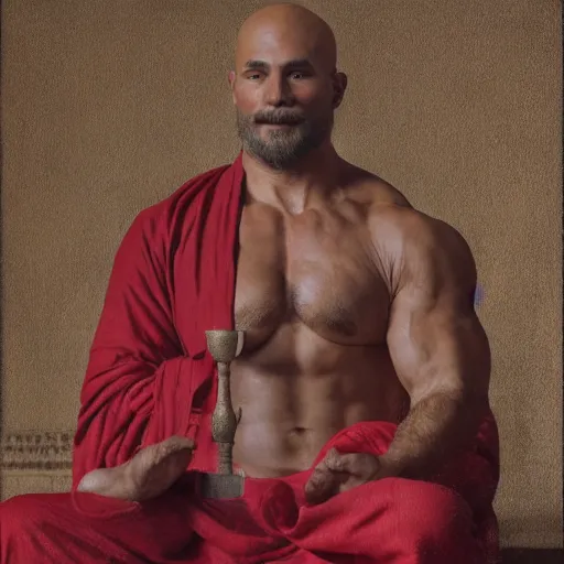 Image similar to bodybuilder bull wearing a monk robes holding incense burner. natural lighting by ruan jia, portrait