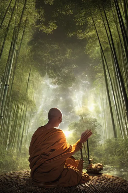 Prompt: mendicant monks of the fuke school of zen buddhism wearing a straw basket on his head in a mysterious japanese bamboo forest with light shafts, atmospheric lighting, by greg rutkowski, ultra realistic, concept art, intricate details, highly detailed, photorealistic, octane render, 8 k, unreal engine