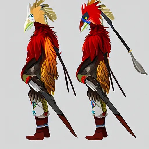 Image similar to avian leader in a army combat uniform created entirely of feathers holding a rapier with a bright red beak medieval theme rito breath of the wild, concept art, artistic